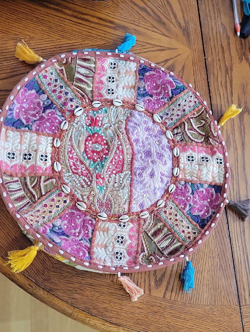 Boho 17" Round Patchwork Pillow Cover with Tassels~ Shells